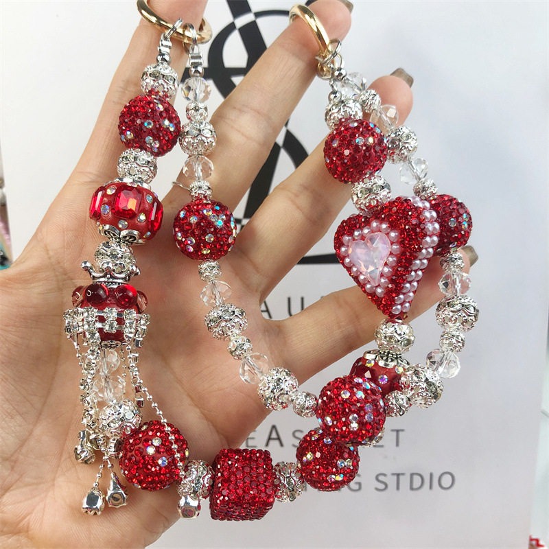 Phone Accessories Aesthetic - Handgefertigtes Perlen-Handyband, mehrfarbig, glitzernde Strass-Herz-Kristallperlen, Taschenanhänger,