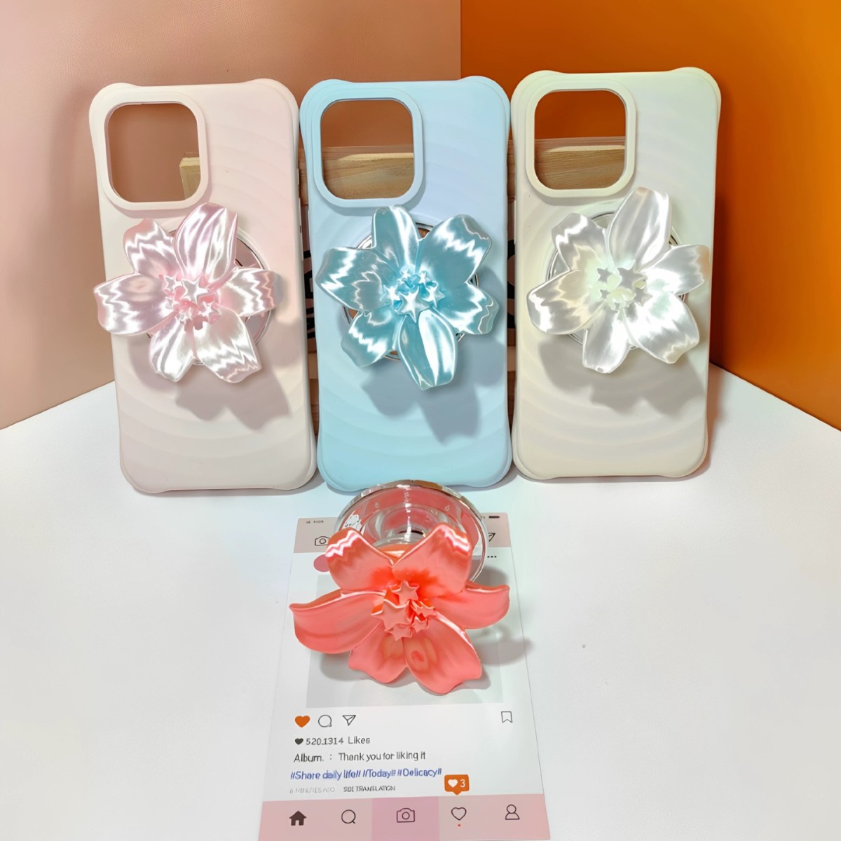 Phone Accessories Stand - Glänzender Perlen-Lilien-Blumen Magnetischer Handygriffhalter Kawaii Fingerständer